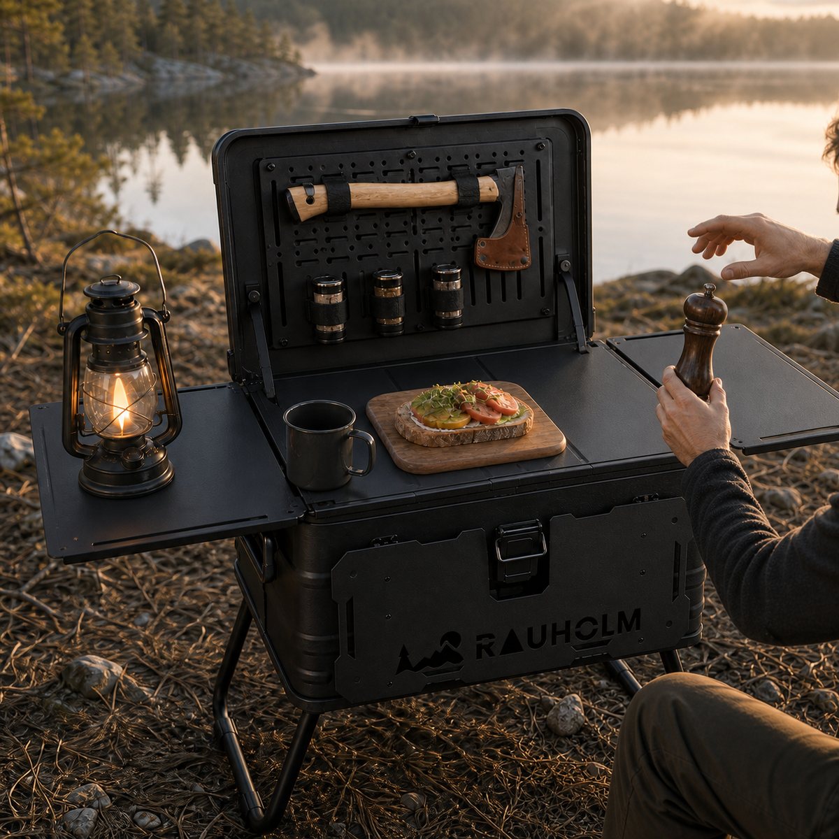 Frühstück auf der Rauholm Campküche 50 am See: Brett mit belegtem Brot, Becher und Laterne auf den Seitentischen, Beil und Gewürze am Deckel
